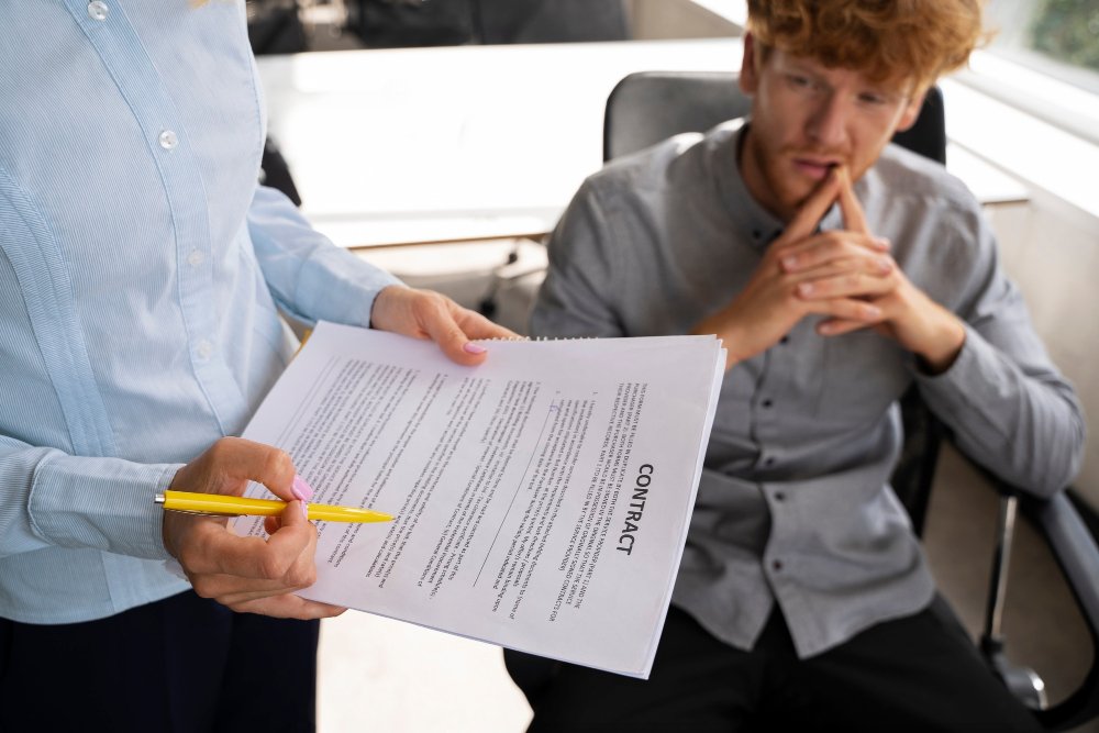 Woman presenting contract document with yellow pen to man in gray shirt, discussing breach of contract disputes in a business setting.
