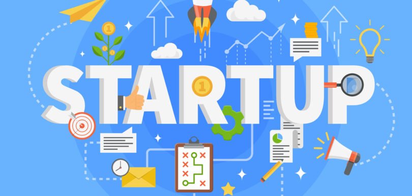 Colorful graphic illustrating the concept of "STARTUP," featuring icons like a rocket, charts, a light bulb, and various business symbols, reflecting themes of innovation and entrepreneurship relevant to tech startups and legal guidance.