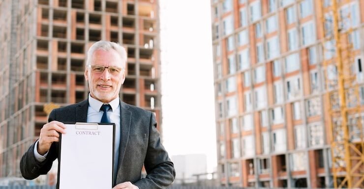 Old man in a suit holding a construction contract in front of a building site, symbolizing construction law expertise in New Jersey.
