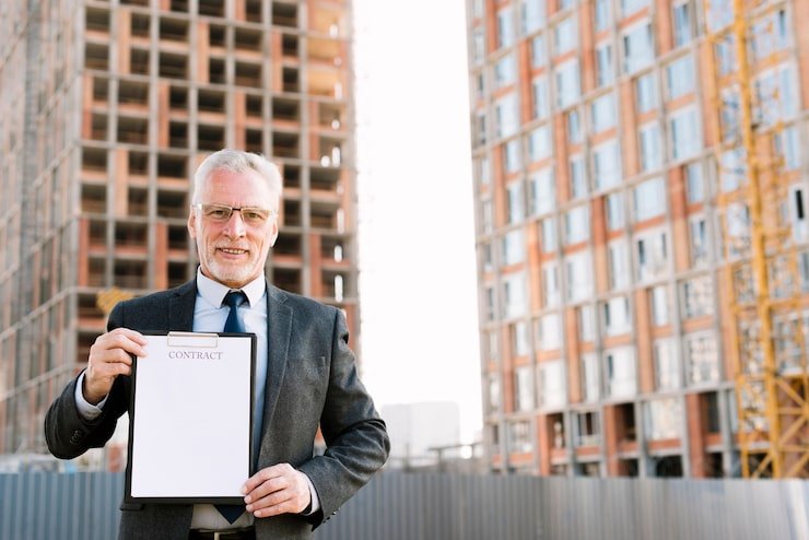 Construction Law Attorney in NJ – The Law Offices of Paul H. Appel | Contract & Dispute Resolution Services Older man in a suit holding a contract in front of a construction site, symbolizing business transactions and legal agreements in real estate.